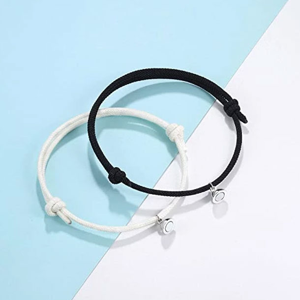 2 Pcs Black & White Couple Magnetic Bell Rope Braided Bracelets For Lovers