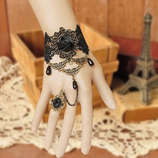 Simple Dainty Flower Hand Chain Black Color Lace Bracelet For Girls