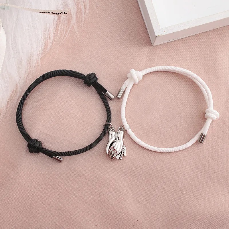 White & Black Adjustable Rope Romantic Hands Magnetic Paired Bracelet For Unisex