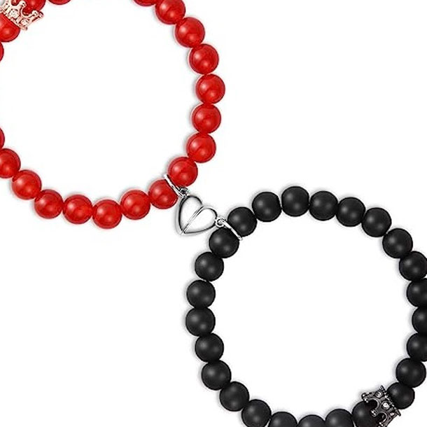 Red & Black Magnetic Heart Couple Bracelet Set For Lovers- Connected by Magnetism