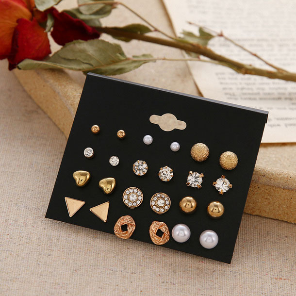 12 Pairs Crystal Stud Golden Earrings Set For Girl's Fashion    