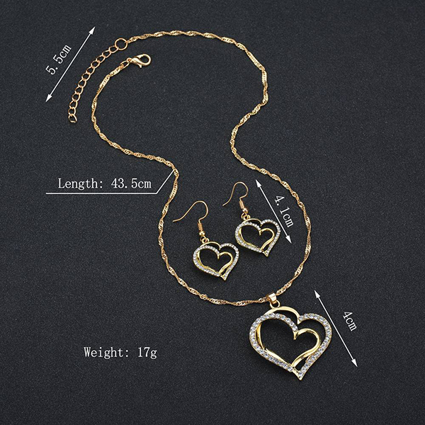 Double Heart Necklace Earrings Bracelet Jewelry Set for Women Charm Ladies Jewelry Set Bridal Accessory Set Gifts