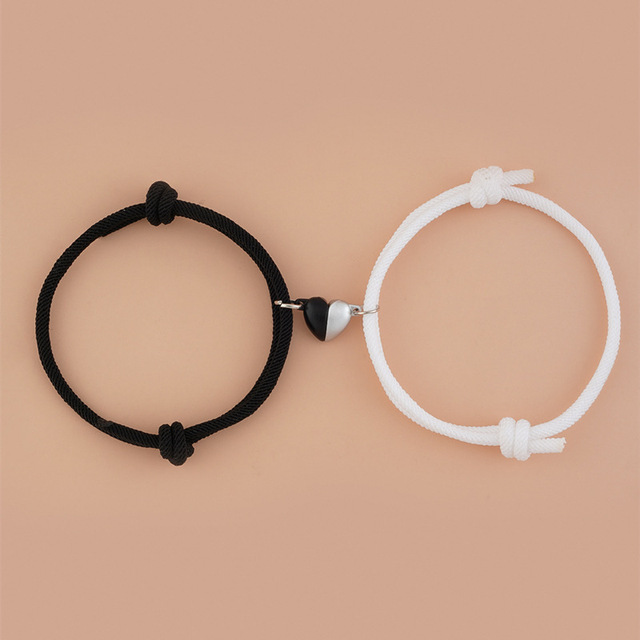 Trendy Black & White Magnetic Heart Braided Adjustable Rope Friendship Bracelets 