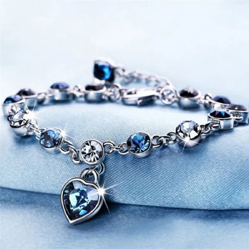 New Shiny Blue Crystal Ocean Heart Pendant Bracelets For Girls & Women