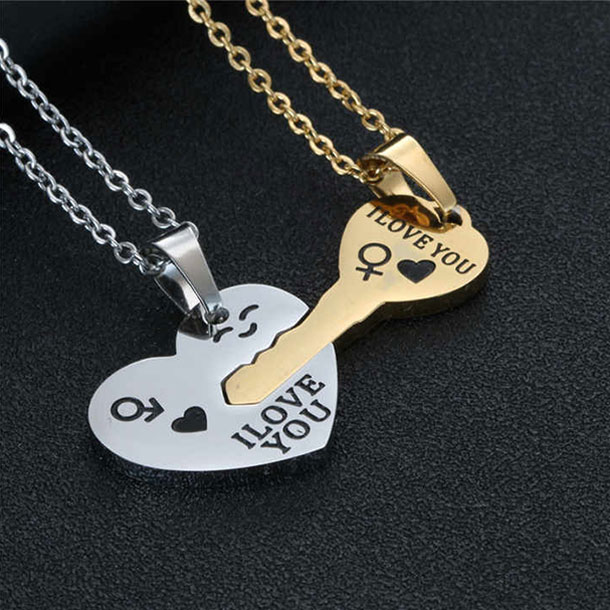 Heart Shape Lock And Key Couple Necklace Pendant For Men & Women Jewelry