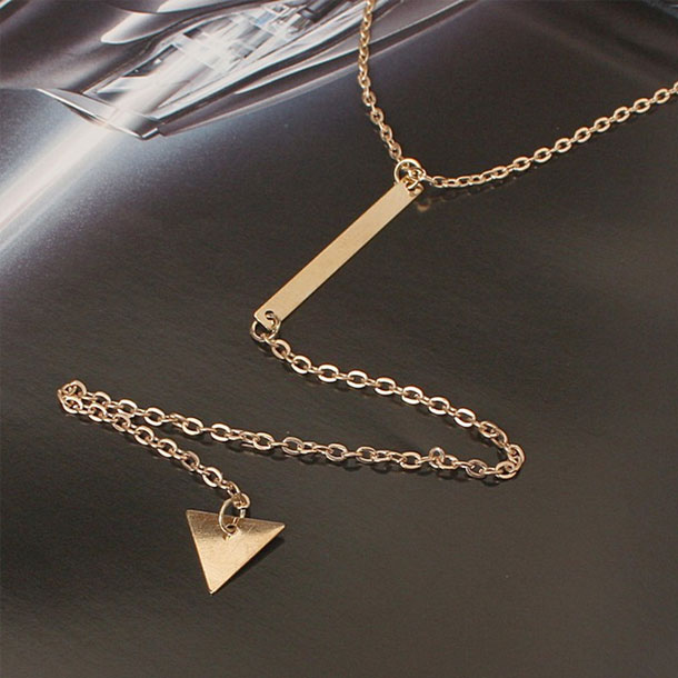 Golden Color Bar Triangular Simple Choker Long Chain Necklace For Girls
