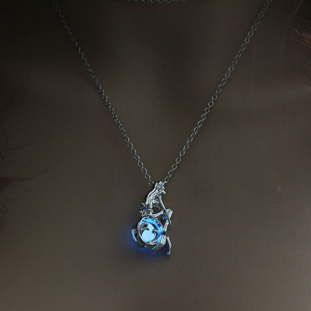 Fairy Tale Mermaid Crystal Stone Silver Pendant Glow In Dark Jewelry In Blue