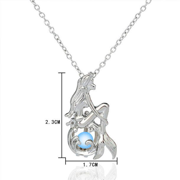 Fairy Tale Mermaid Crystal Stone Silver Pendant Glow In Dark Jewelry In Blue