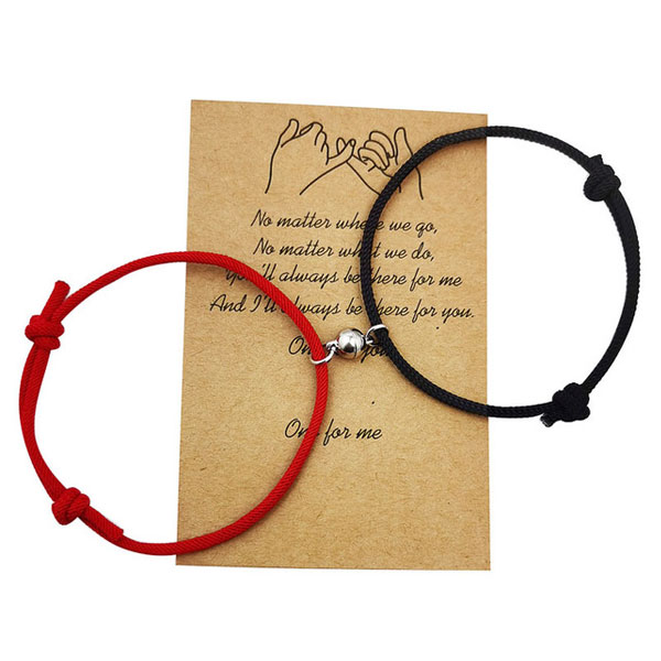 Black & Red Handmade Adjustable Rope Matching Love Bracelets- Magnetic Bond
