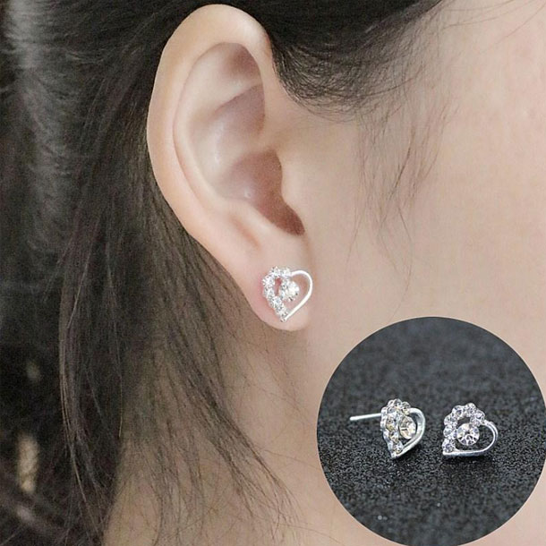 Crystal Heart Silver Stud Earrings For Girls, Woman's Fashion Jewelry