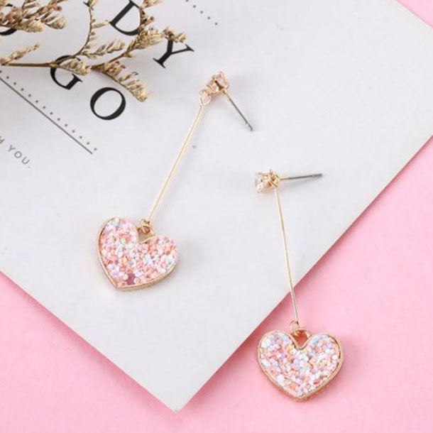 Elegant Accessories for Girls New Fashion Long Drop Shining Pink Heart Ear Jewelry 