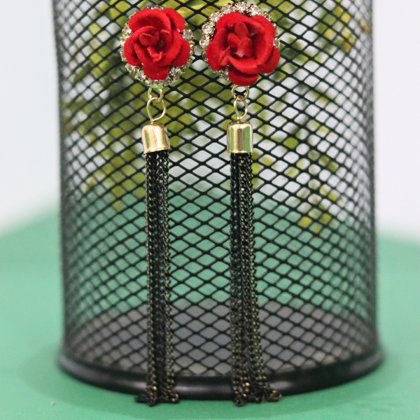 Blooming Beauty Red Rose Long Tail Earrings Lovely Floral-Inspired Accessories with Elegant Long Tails For Girls