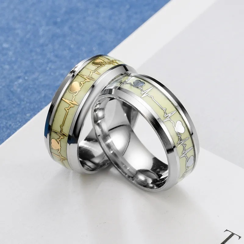 Size 6 Fashion Stainless Steel Luminous Finger Ring For Women Men Glowing In Dark Heart Couple