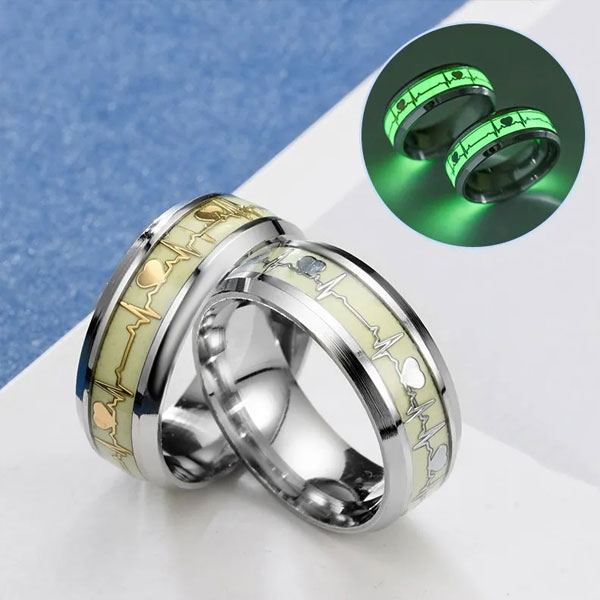 Luminous Silver Rings For Women & Men Glow In Dark Heart Couple Bands- Size 9