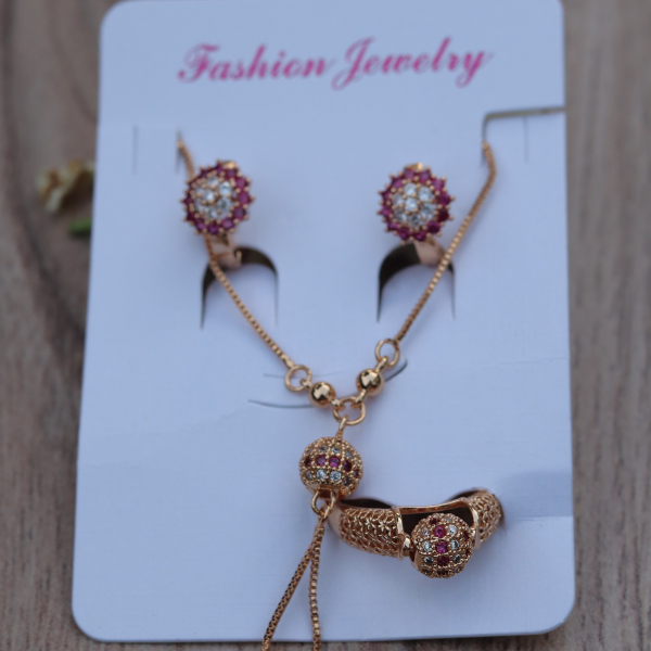 New Adorable Pink Crystal Golden Jewelry Set For Women & Girls
