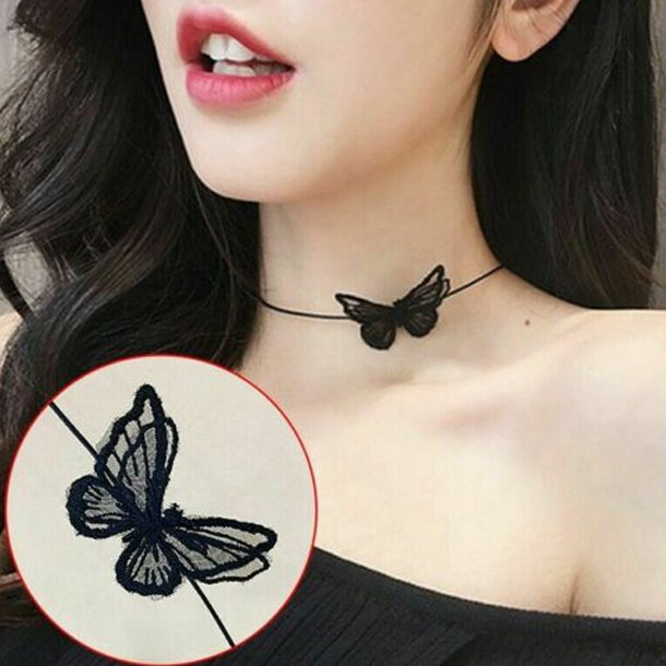 Three-Dimensional Butterfly Black Collar Short Neck Band Necklace For Women