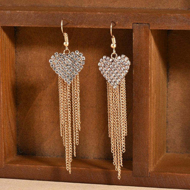 Gold Love Heart Crystal Long Tassel Dangle Earrings Elegant Accessories for Women & Girls