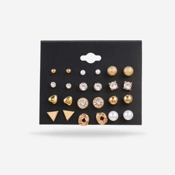 12 Pairs Crystal Stud Golden Earrings Set For Girl's Fashion    