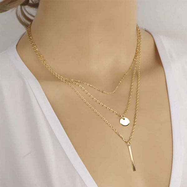 3 Layer Golden Beaded Chain Circle and Drop Bar Pendant Necklace For Girls