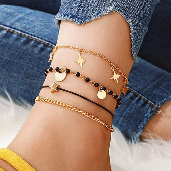 Stunning Set of 4 Black & Golden Charm Beaded Anklets for Women Elegant Accessories for Stylish Everyday Wear