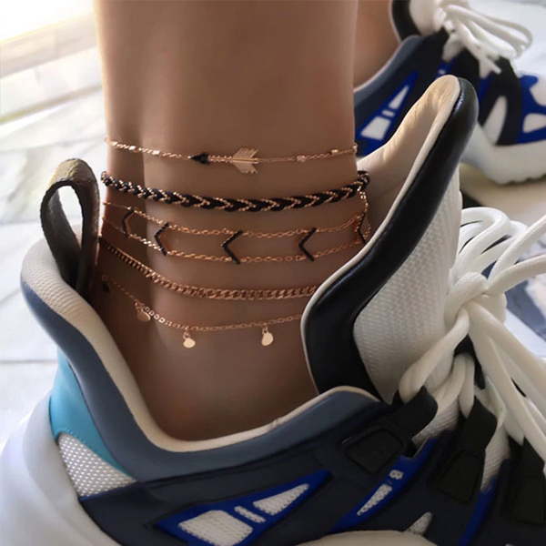 5pcs Gold/Black Simple Style Anklets Set For Women 