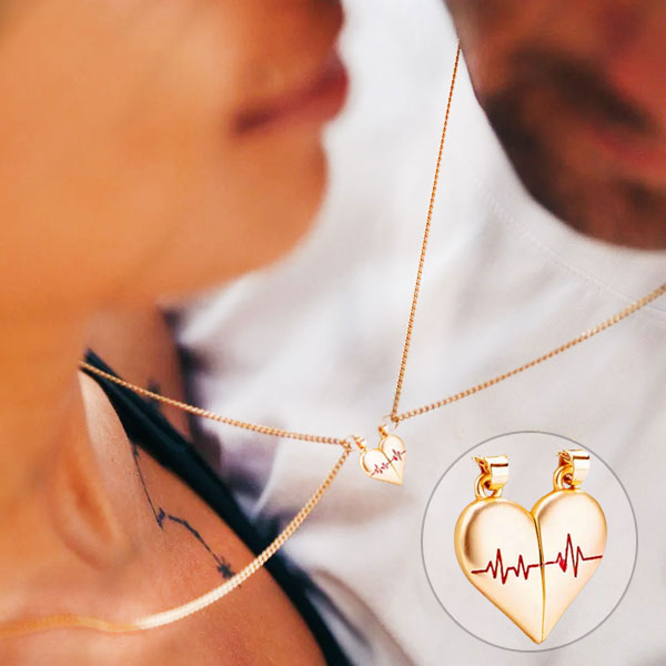 A Pair of Simple & Creative Heartbeat Magnetic Heart Golden Pendant For Couples 