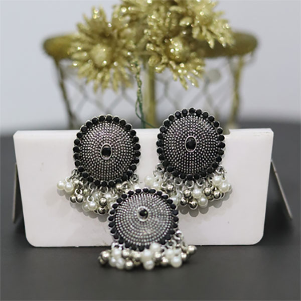 Antique Style Black Crystal Round Shape Ring & Earrings For Girls
