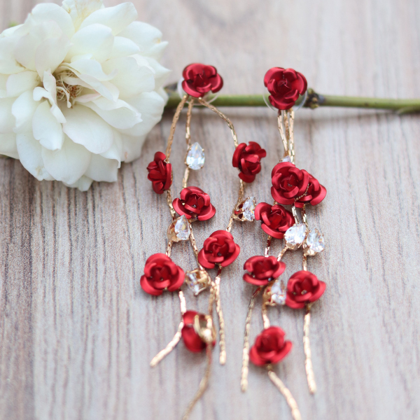 Beautiful Red Rose Long Tassel Dangle Drop Stud Earrings For Girls