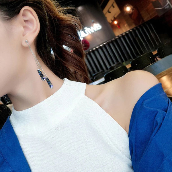 Blue Creative Rhinestone Long Geometric Earrings For Girls