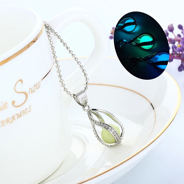Classic Water Drop Luminous Necklace Glow-In-The-Dark Hollow Pendant with Silver Chains - Women's Fashion Jewelry
