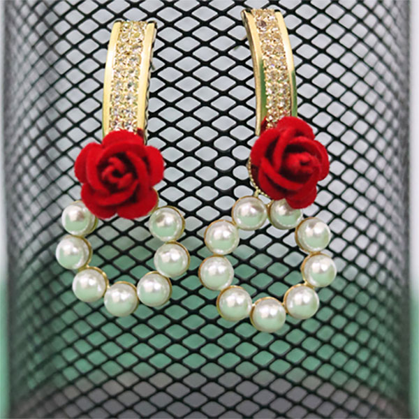 Adorable Jewelry for Girls & Women Charming Daily Wear Red Rose Earrings with White Beads Jewelry