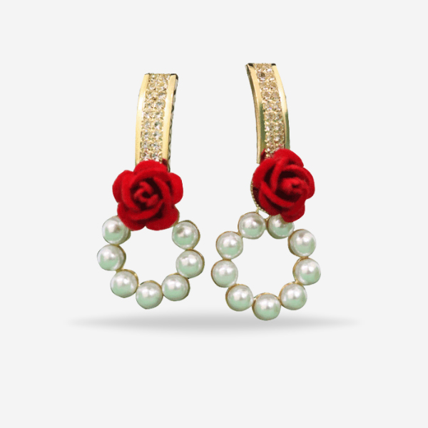 Daily Wear Adorable Red Rose With White Beads Earrings For Girls