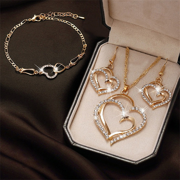 Double Heart Necklace Earrings Bracelet Jewelry Set for Women Charm Ladies Jewelry Set Bridal Accessory Set For Gifts