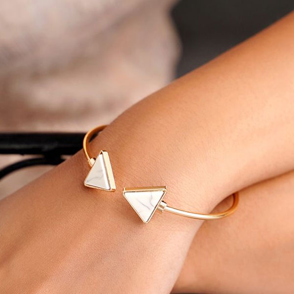 Gold-Color Simple Style White Triangle Open Cuff Bracelets For Women & Girls