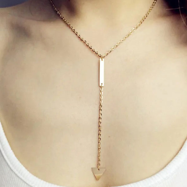 Golden Color Bar Triangular Simple Choker Long Chain Necklace For Girls