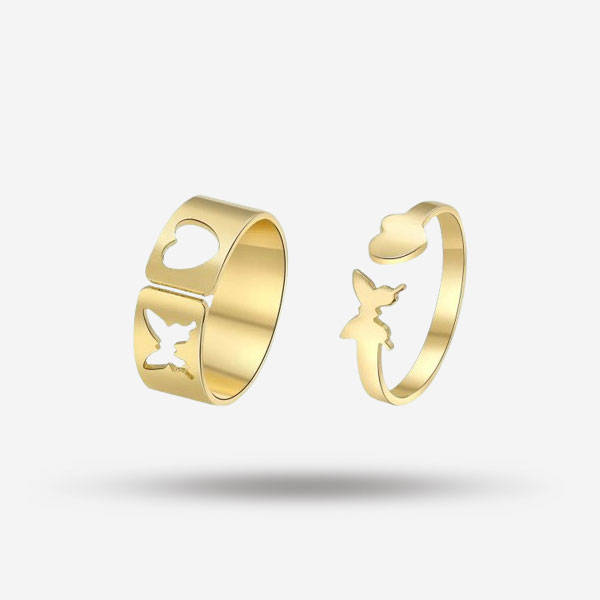 Golden Color Heart & Butterfly Adjustable Rings Set For Couples- Promise of Love