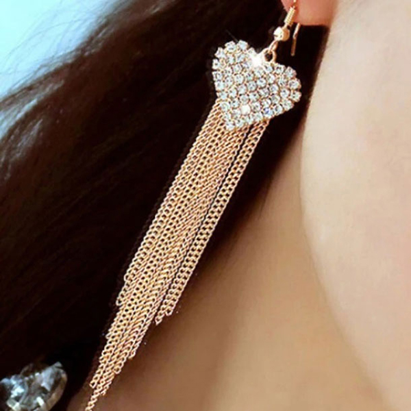Gold Love Heart Crystal Long Tassel Dangle Earrings Elegant Accessories for Women & Girls