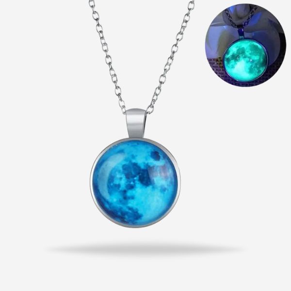 Luminous Round Charm Blue Glass Moon Pendant Necklace Glowing In Dark 