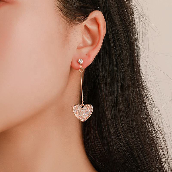 New Fashion Long Drop Shining Pink Heart Ear Jewelry For Girls