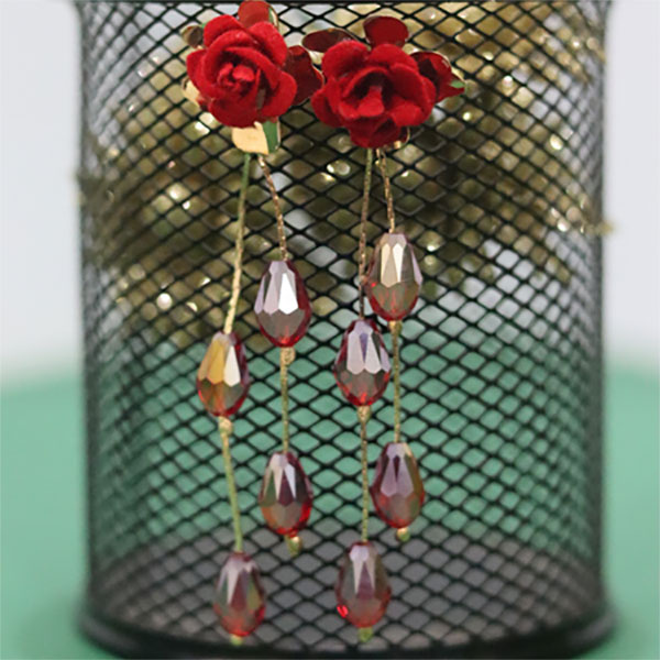 New Style Gleaming Red Rose Crystal Tail Long Earrings For Girl's Fashion