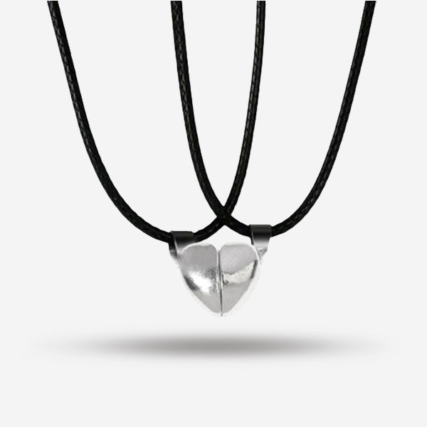 Pair Of Magnetic Heart Silver Necklaces- Couple Pendant For Lovebirds