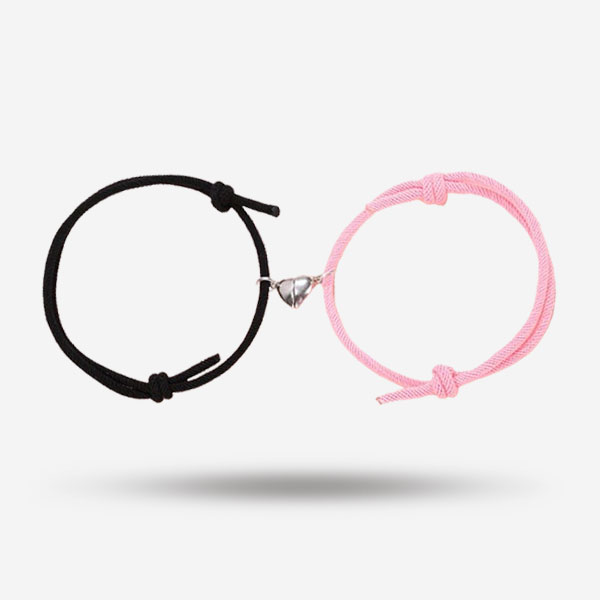 Pink & Black Rope Magnetic Heart Friendship Bracelets- Connected by Magnetism