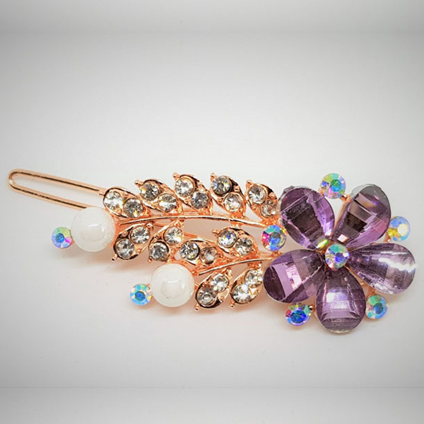 Purple Flower Design Crystal Hair Pins for Women & Girls