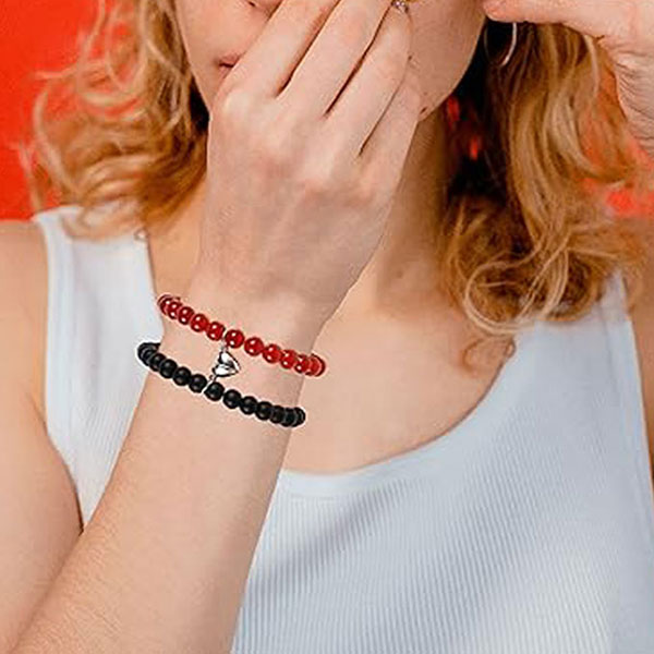 Red & Black Magnetic Heart Couple Bracelet Set For Lovers- Connected by Magnetism