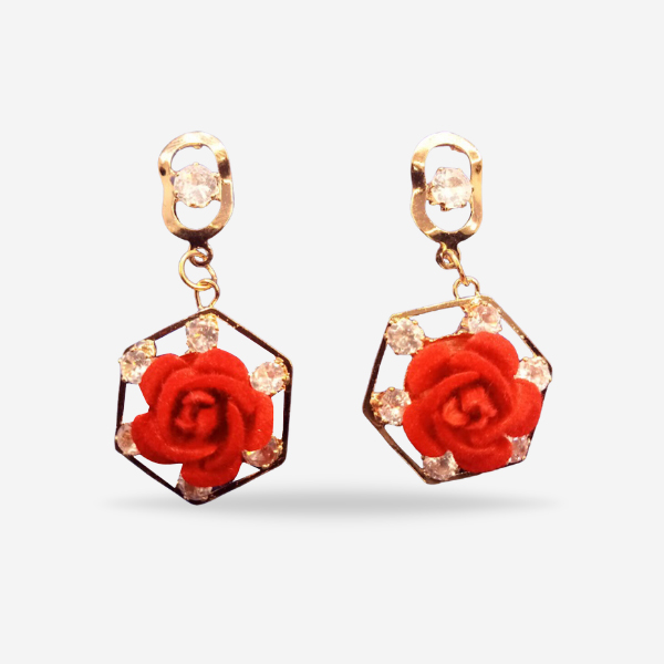 Red Rose Crystal Stud Earrings For Women, Girl's Fashion Jewelry