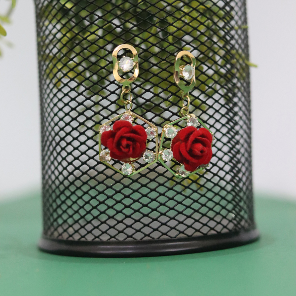 Red Rose Crystal Stud Earrings For Women, Girl's Fashion Jewelry