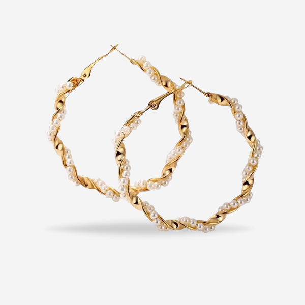 Round Shape Twisted Pearl Hoop Big Golden Earrings For Women