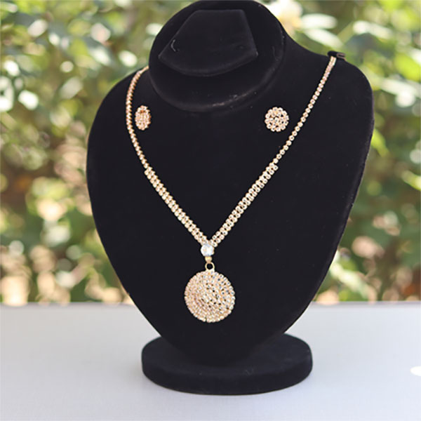Round Style Golden Crystal Matching Earrings & Necklace Set For Women