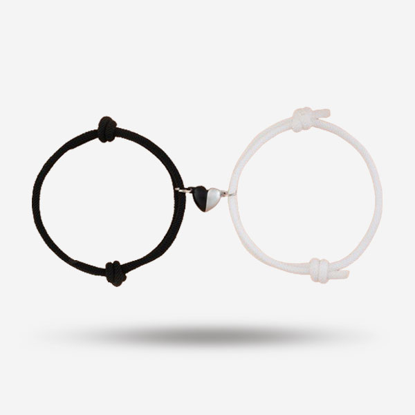 Trendy Black & White Magnetic Heart Braided Adjustable Rope Friendship Bracelets 