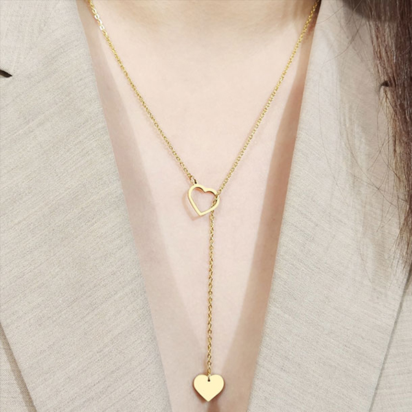 Y-shaped Double Heart Long Chain Golden Pendant Necklace For Girls